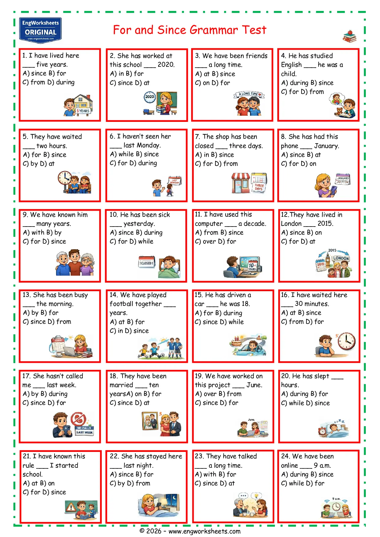 Present Perfect For and Since Test Worksheet for ESL Students Worksheet Preview