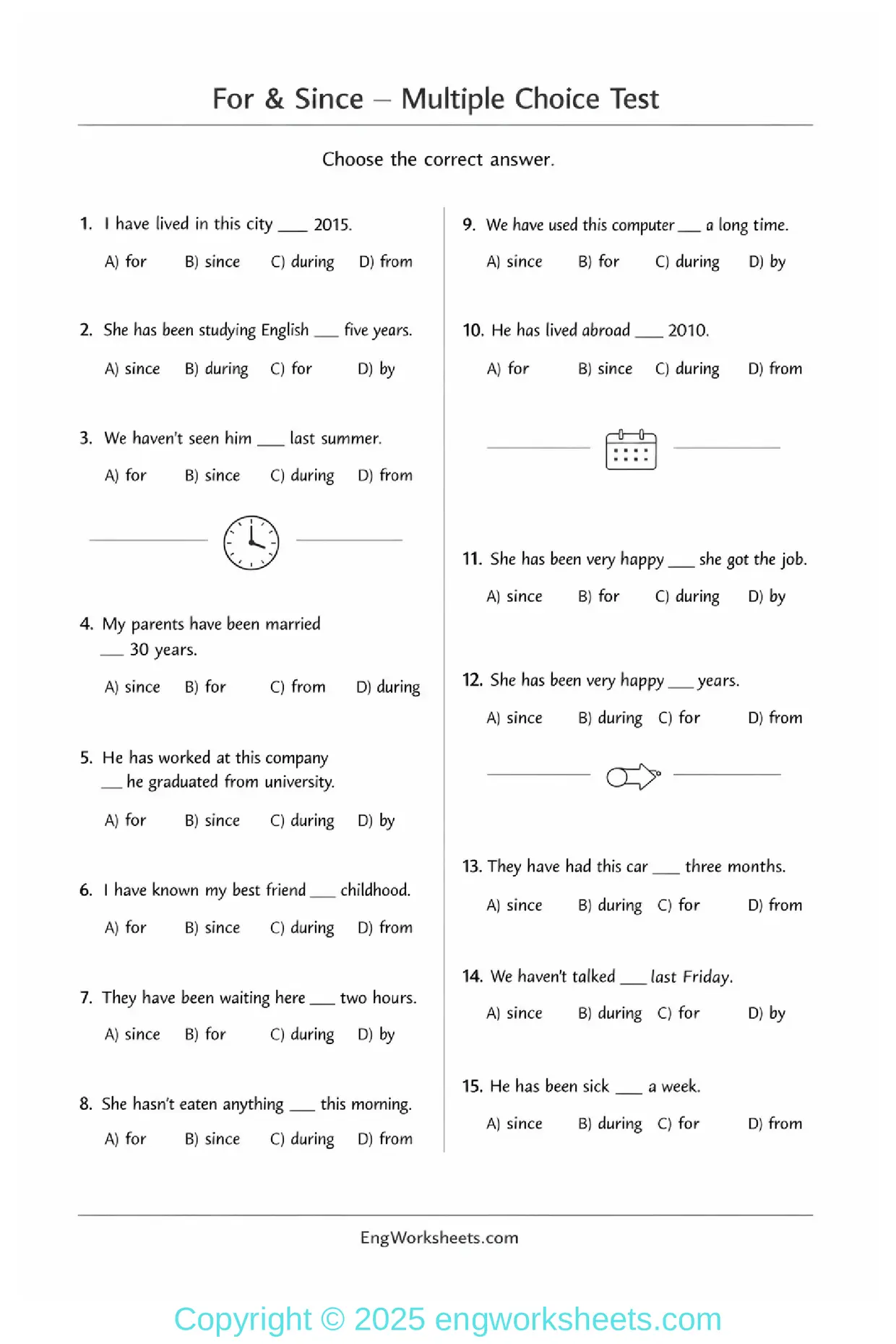 For and Since Grammar Test Multiple Choice Questions Worksheet Preview