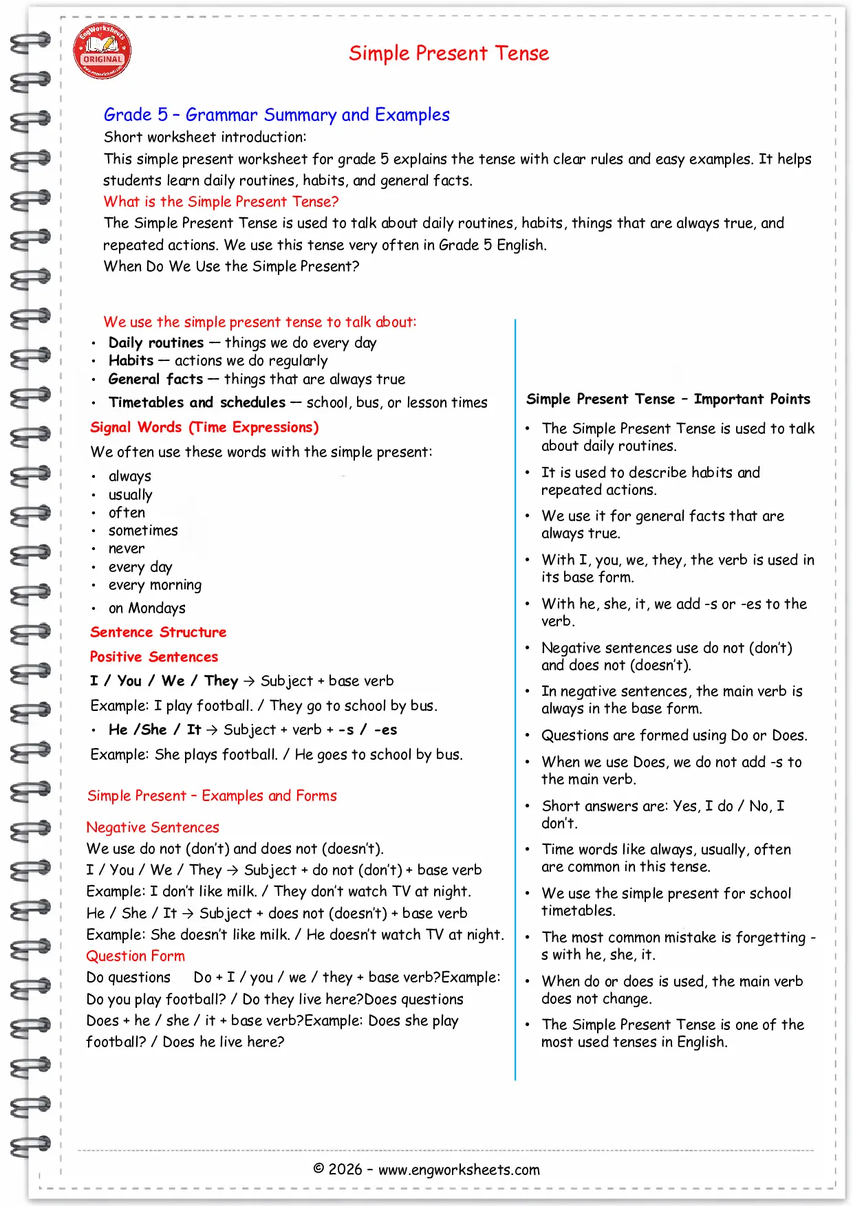 Simple Present Worksheet Grade 5 English Grammar Practice Worksheet Preview