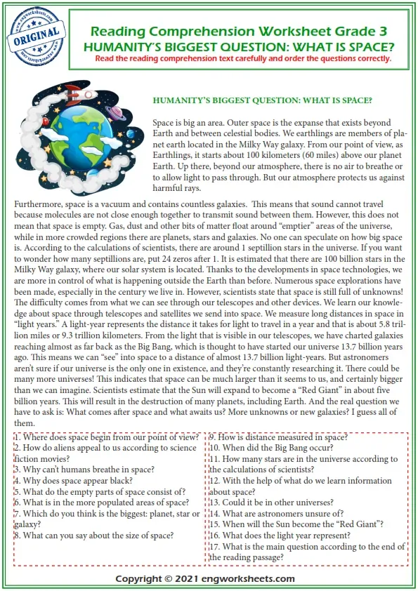 Reading Comprehension Worksheets - Humanity's Biggest Question. What Is Space? Worksheet Preview