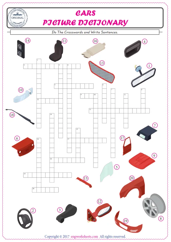 ESL printable worksheet for kids, supply the missing words of the crossword by using the Cars picture. Worksheet Preview