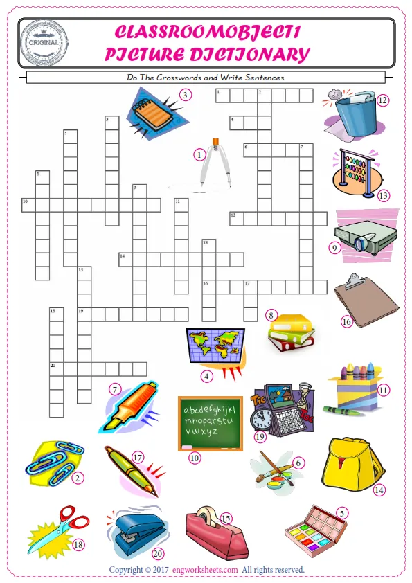 ESL printable worksheet for kids, supply the missing words of the crossword by using the Classroom Object picture. Worksheet Preview