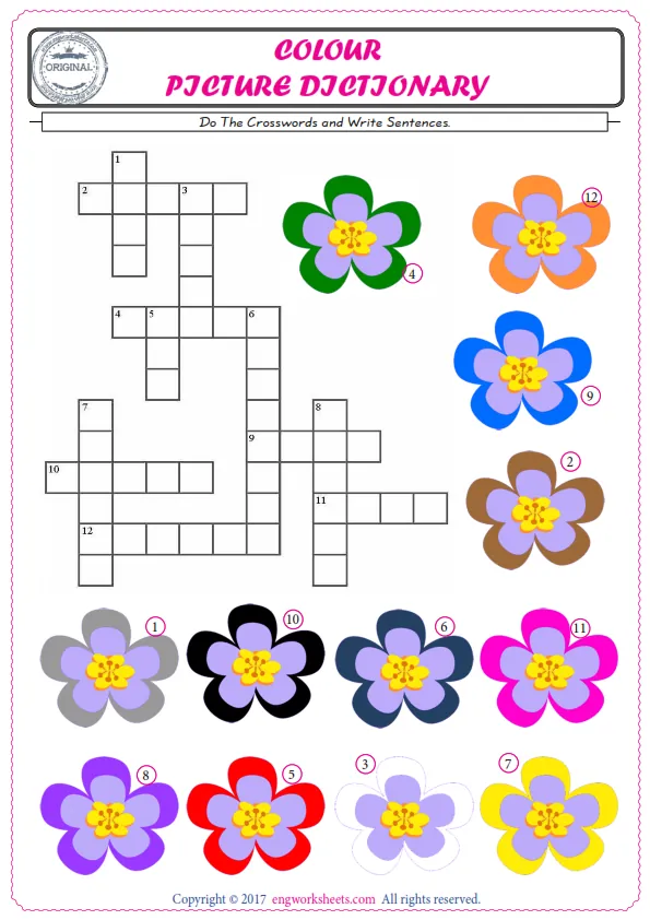 ESL printable worksheet for kids, supply the missing words of the crossword by using the Colour picture. Worksheet Preview