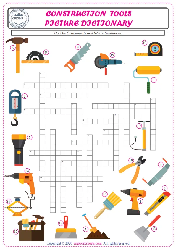 ESL printable worksheet for kids, supply the missing words of the crossword by using the Construction Tools picture. Worksheet Preview