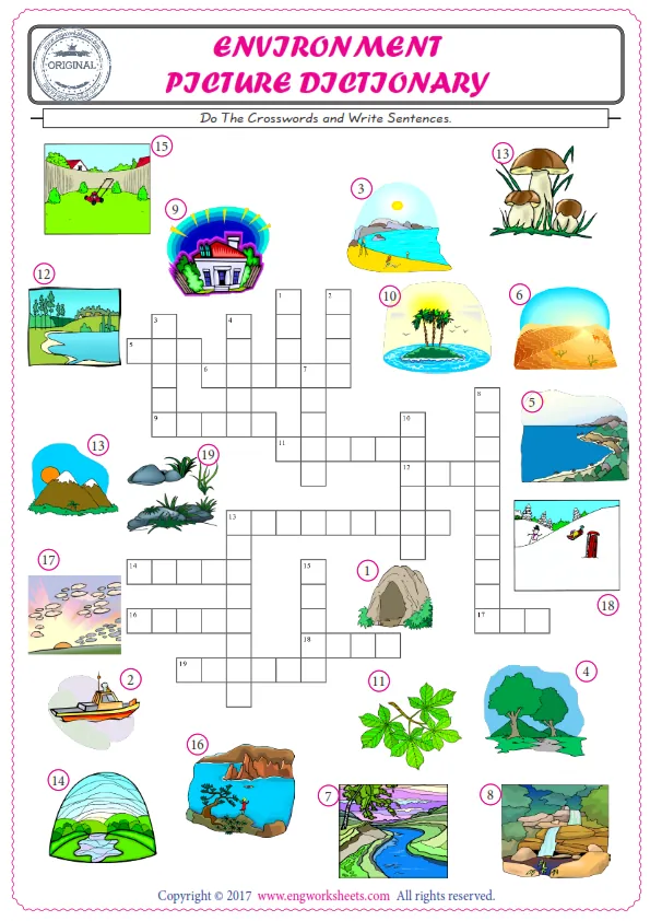 ESL printable worksheet for kids, supply the missing words of the crossword by using the Environment picture. Worksheet Preview