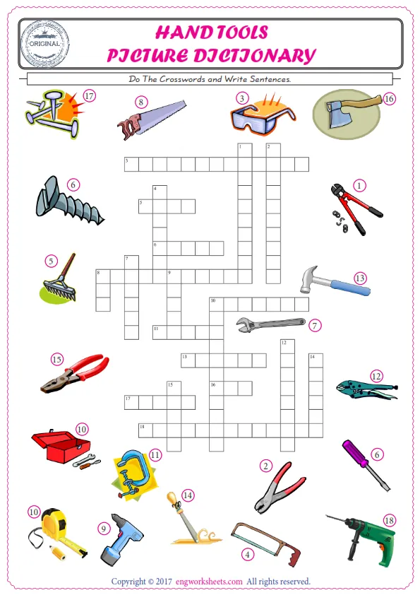 ESL printable worksheet for kids, supply the missing words of the crossword by using the Hand Tools picture. Worksheet Preview