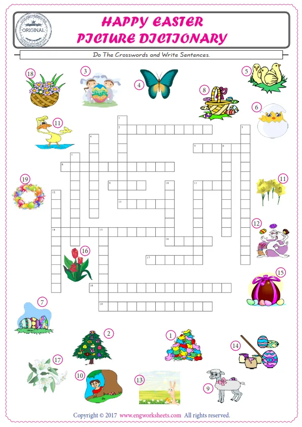 ESL printable worksheet for kids, supply the missing words of the crossword by using the Happy Easter picture. Worksheet Preview