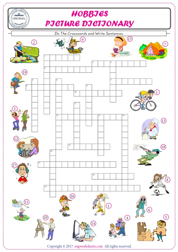 ESL printable worksheet for kids, supply the missing words of the crossword by using the Hobbies picture. Worksheet Preview