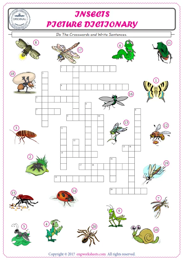 ESL printable worksheet for kids, supply the missing words of the crossword by using the Insects picture. Worksheet Preview