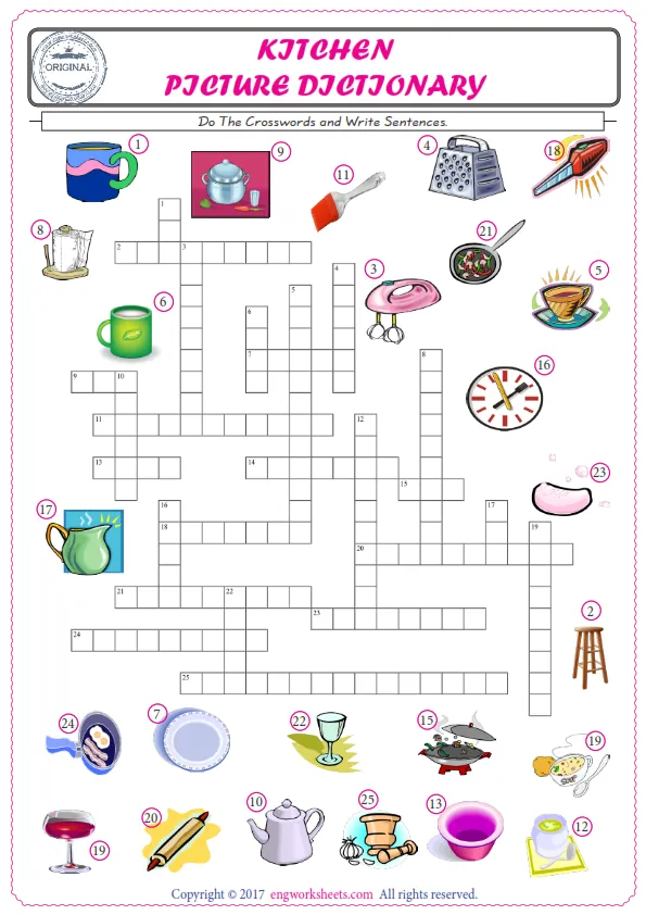 ESL printable worksheet for kids, supply the missing words of the crossword by using the Kitchen picture. Worksheet Preview