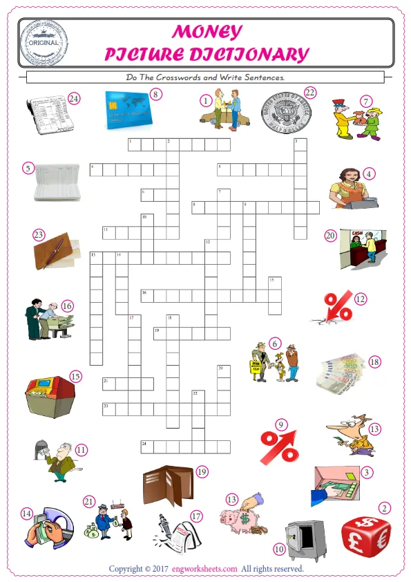 ESL printable worksheet for kids, supply the missing words of the crossword by using the Money picture. Worksheet Preview