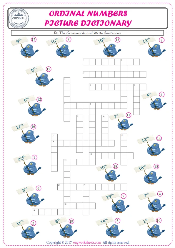ESL printable worksheet for kids, supply the missing words of the crossword by using the Ordinal Numbers picture. Worksheet Preview