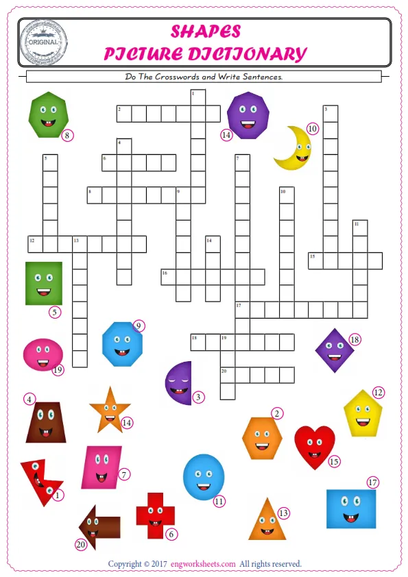 ESL printable worksheet for kids, supply the missing words of the crossword by using the Shapes picture. Worksheet Preview