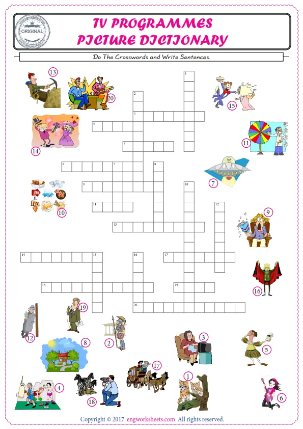 ESL printable worksheet for kids, supply the missing words of the crossword by using the Tv Programmes picture. Worksheet Preview
