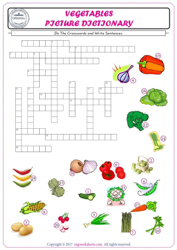 ESL printable worksheet for kids, supply the missing words of the crossword by using the Vegetables picture. Worksheet Preview