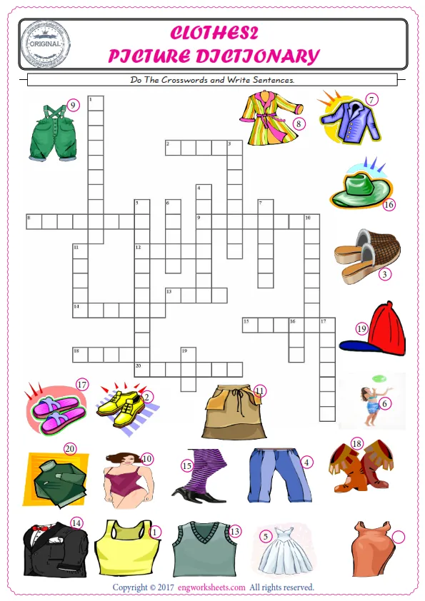 ESL printable worksheet for kids, supply the missing words of the crossword by using the Clothes picture. Worksheet Preview