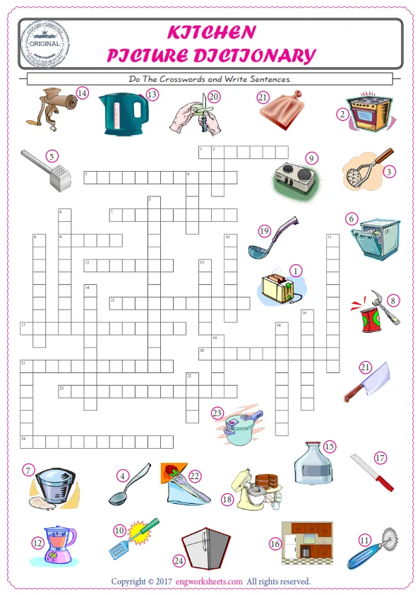 ESL printable worksheet for kids, supply the missing words of the crossword by using the Kitchen picture. Worksheet Preview