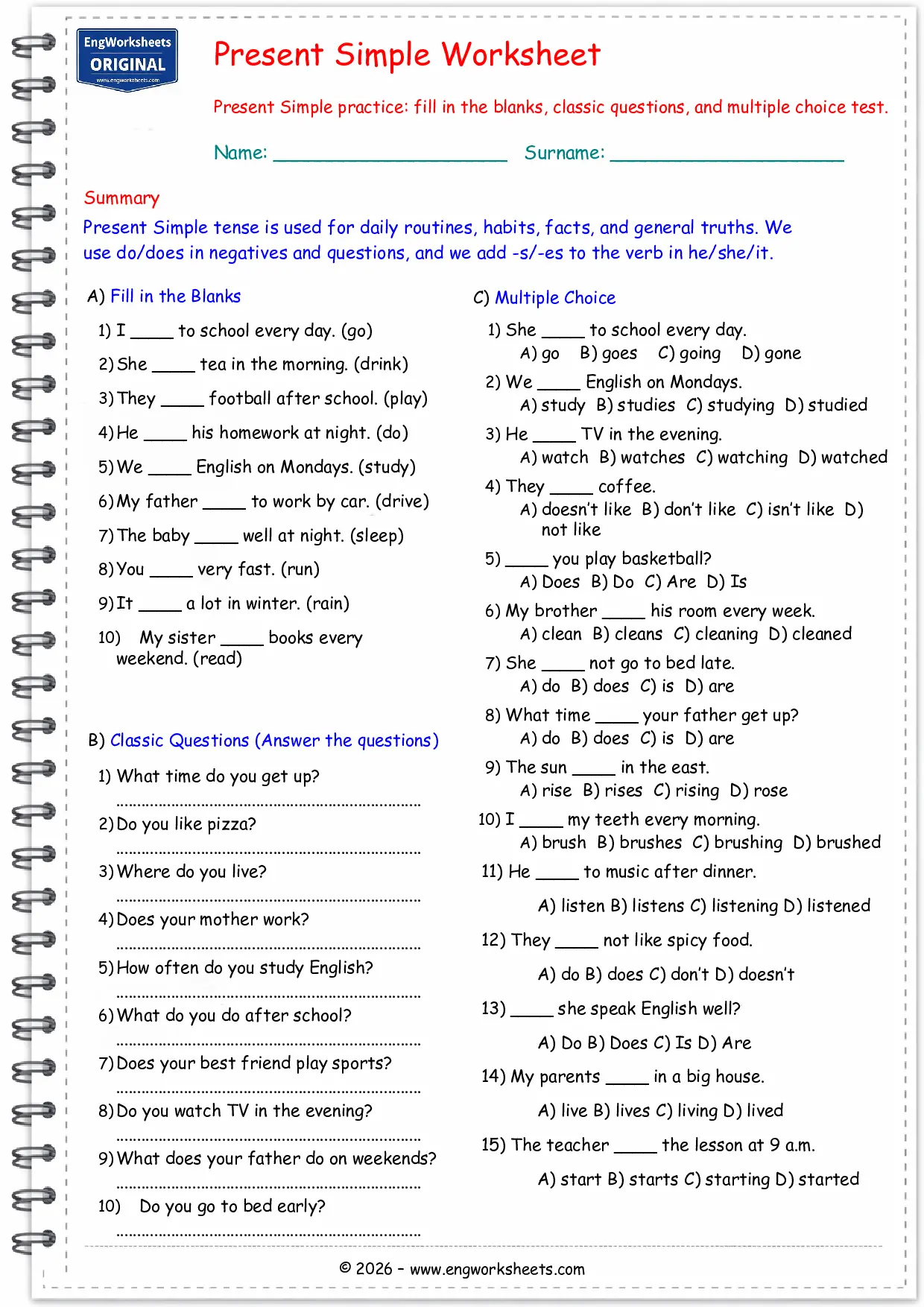 Present Simple Tense Worksheet PDF for Beginners Worksheet Preview