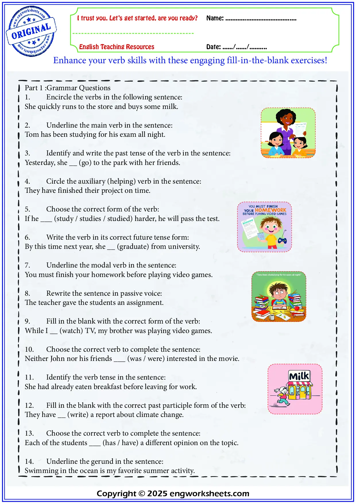Free Printable Verb ESL Worksheet Worksheet Preview