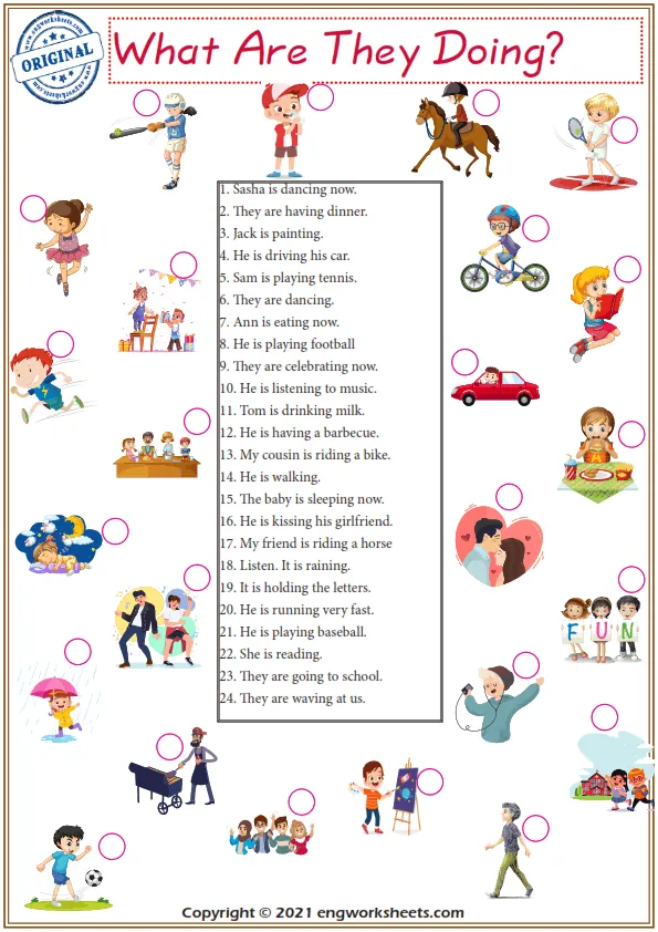 Present Continuous Tense Esl Exercises Picture Matching Worksheet Worksheet Preview