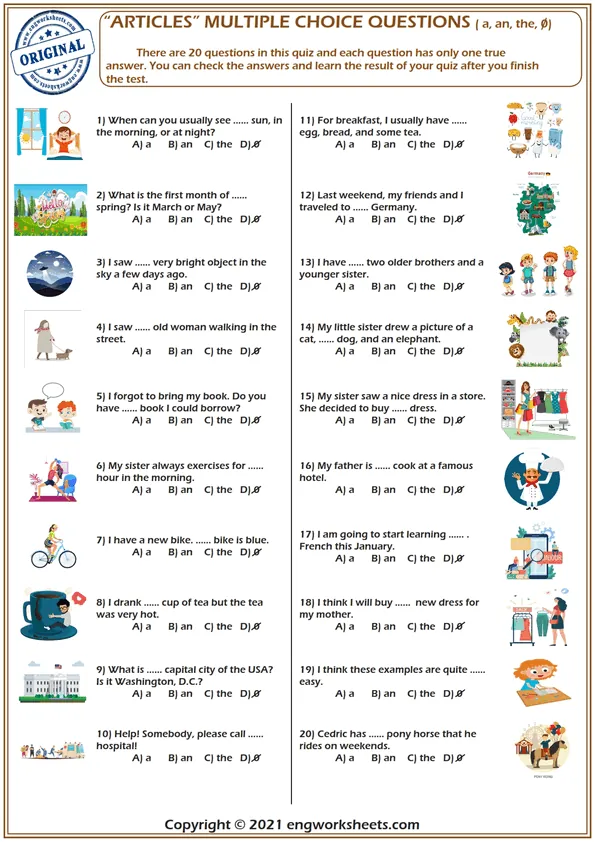 Articles For Kids Esl Free Printable Multiple Choice Questions Worksheet Worksheet Preview