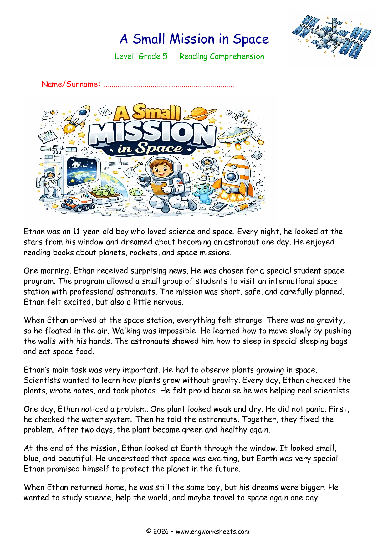Grade 5 Reading Comprehension A Small Mission in Space Printable ESL Worksheet Worksheet Preview