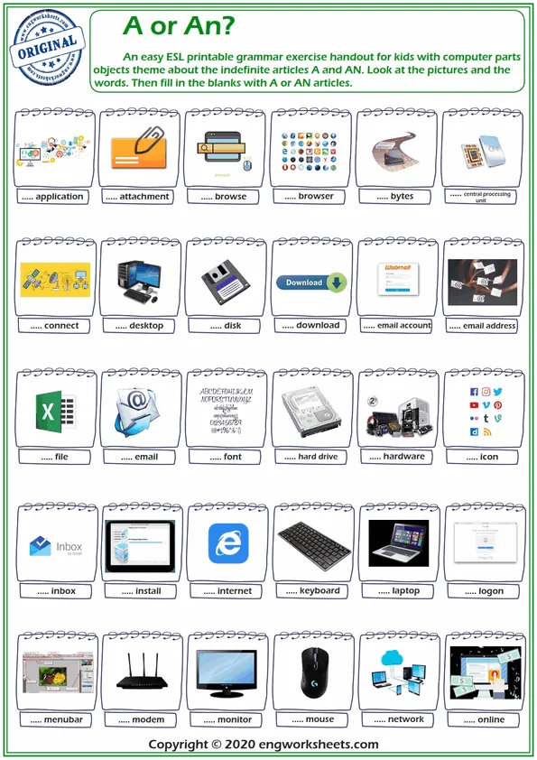 A Or An? Indefinite Articles Free Printable Esl Exercise For Kids Worksheet Preview