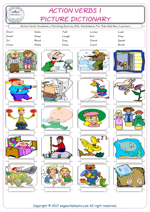 Action Verbs for Kids ESL Word Matching English Exercise Worksheet. Worksheet Preview