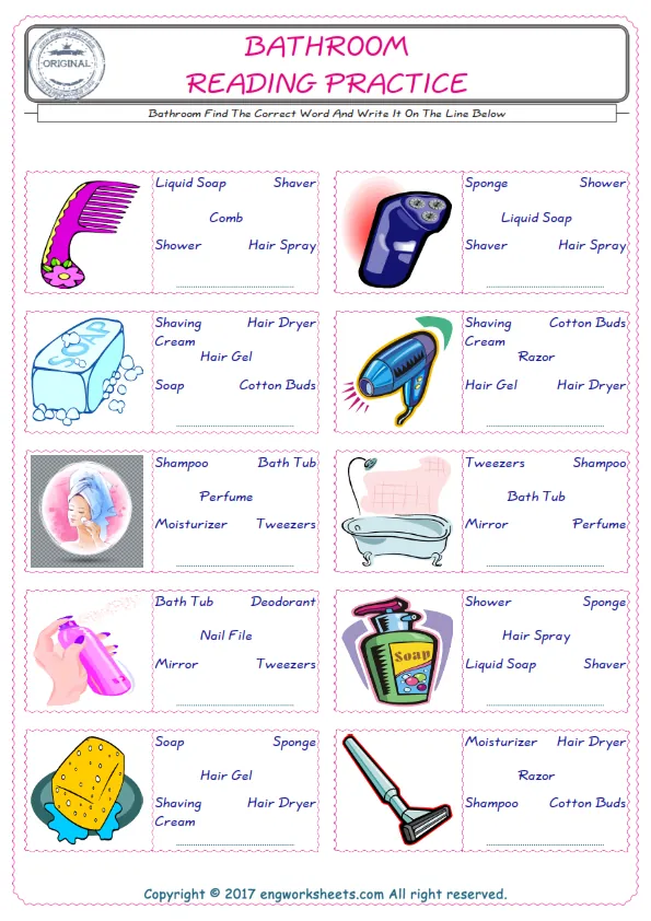 Check the picture of the Bathroom for kids ESL worksheet for supplying the correct one among five words into the blank place. Worksheet Preview