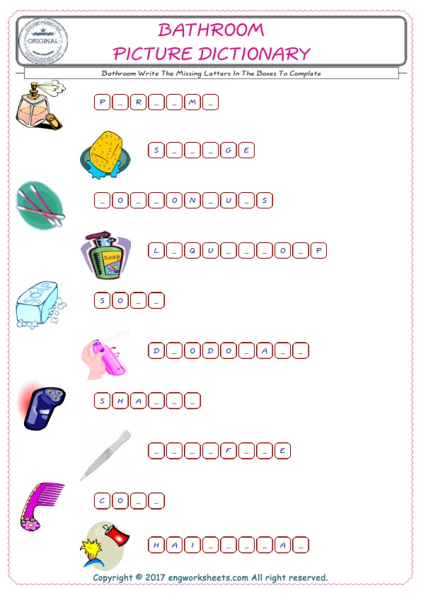 Type in the blank and learn the missing letters in the Bathroom words given for kids English worksheet. Worksheet Preview