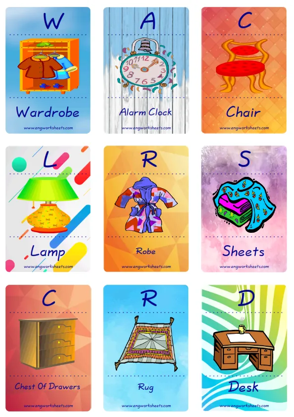 Mini size enjoyable ESL Flashcard Bedroom for kids and teachers. Worksheet Preview