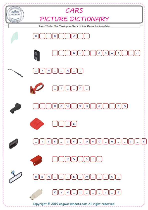 Type in the blank and learn the missing letters in the Cars words given for kids English worksheet. Worksheet Preview