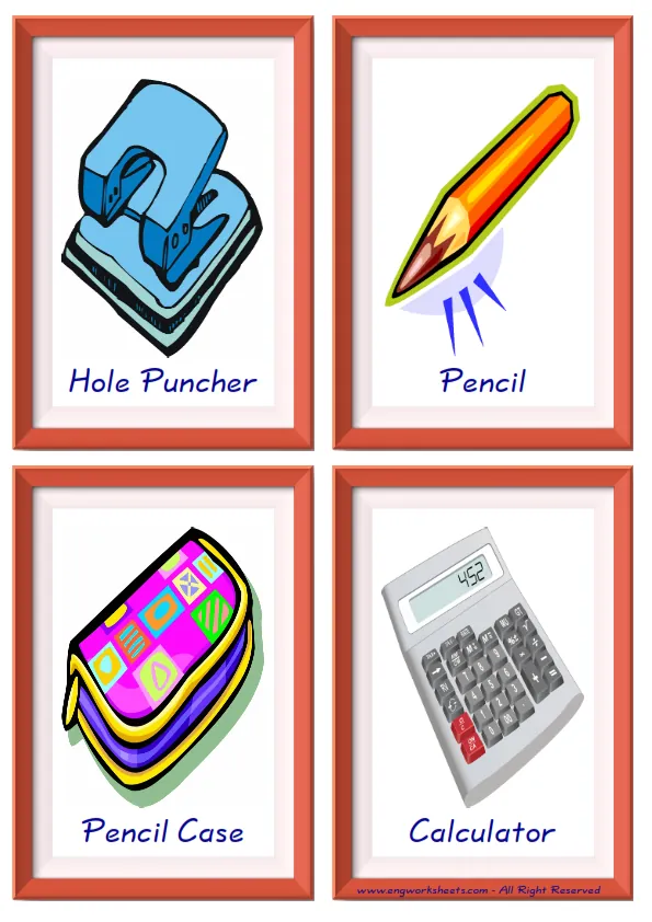 Quarter page ESL Flashcard together with words containing Classroom Object picture for kids and teachers. Worksheet Preview