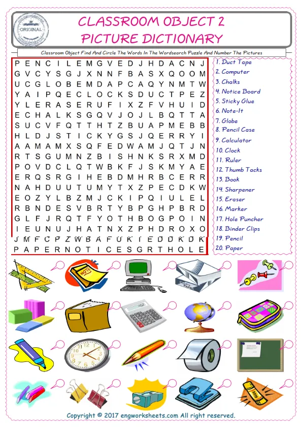 ESL wordsearch worksheets for kids, find Classroom Object words in the word wordsearch write its number on its picture English worksheet. Worksheet Preview