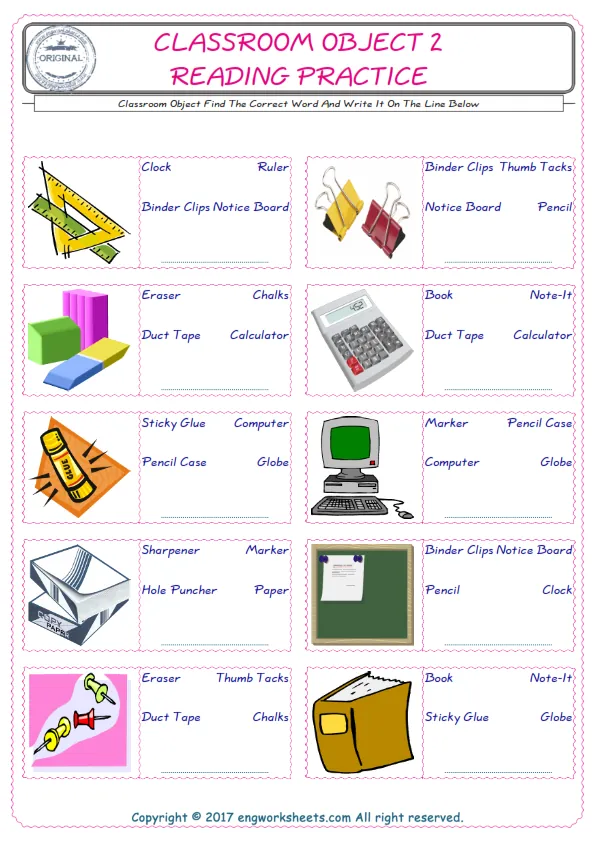 Check the picture of the Classroom Object for kids ESL worksheet for supplying the correct one among three words into the blank place. Worksheet Preview