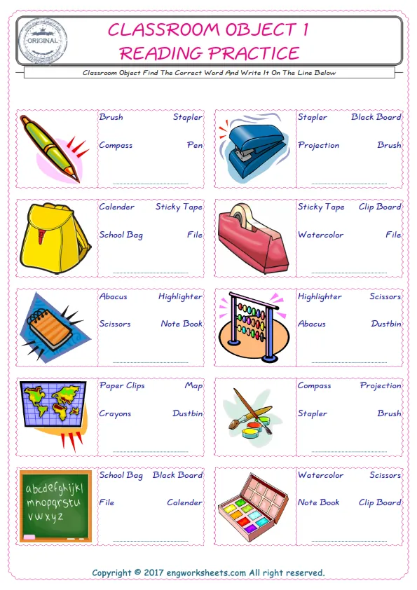 Check the picture of the Classroom Object for kids ESL worksheet for supplying the correct one among three words into the blank place. Worksheet Preview
