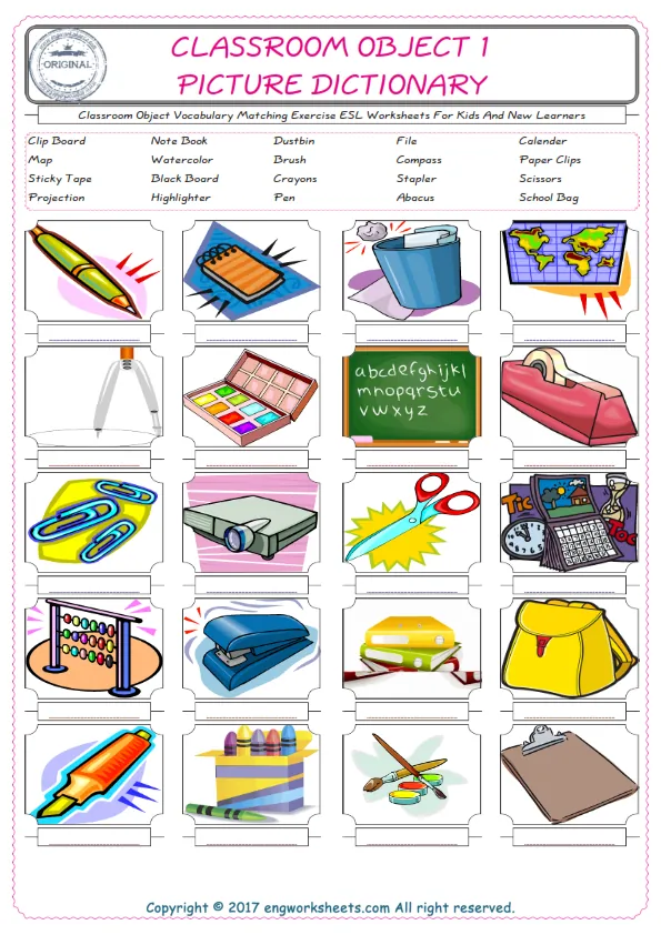 Classroom Object for Kids ESL Word Matching English Exercise Worksheet. Worksheet Preview