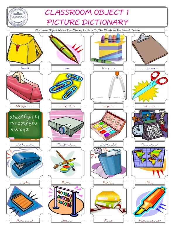 Classroom Object Words English worksheets For kids, the ESL Worksheet for finding and typing the missing letters of Classroom Object Words Worksheet Preview