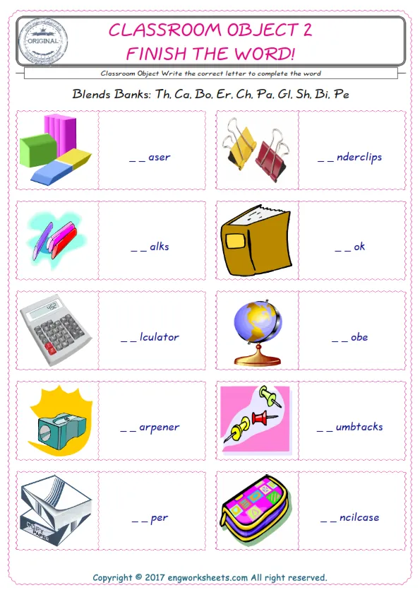 For kids, the Classroom Object English worksheet for supplying into the correct blank place given letters special to the Classroom Object Words. Worksheet Preview