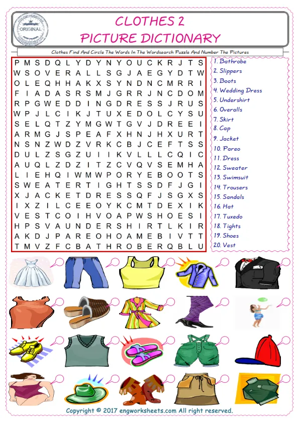 ESL wordsearch worksheets for kids, find Clothes words in the word wordsearch write its number on its picture English worksheet. Worksheet Preview