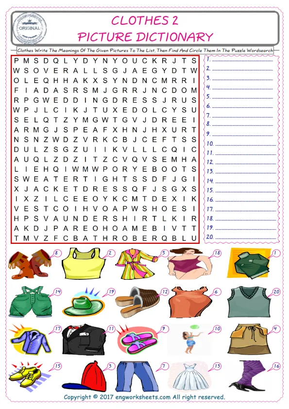 For kids, check the picture of Clothes find, and write the word and find it in the word puzzle ESL printable worksheet. Worksheet Preview