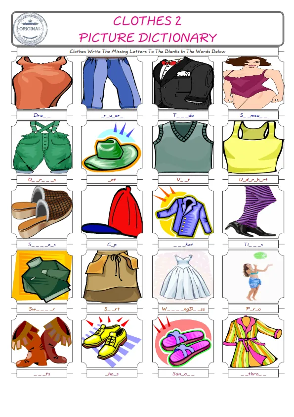 Clothes Words English worksheets For kids, the ESL Worksheet for finding and typing the missing letters of Clothes Words Worksheet Preview