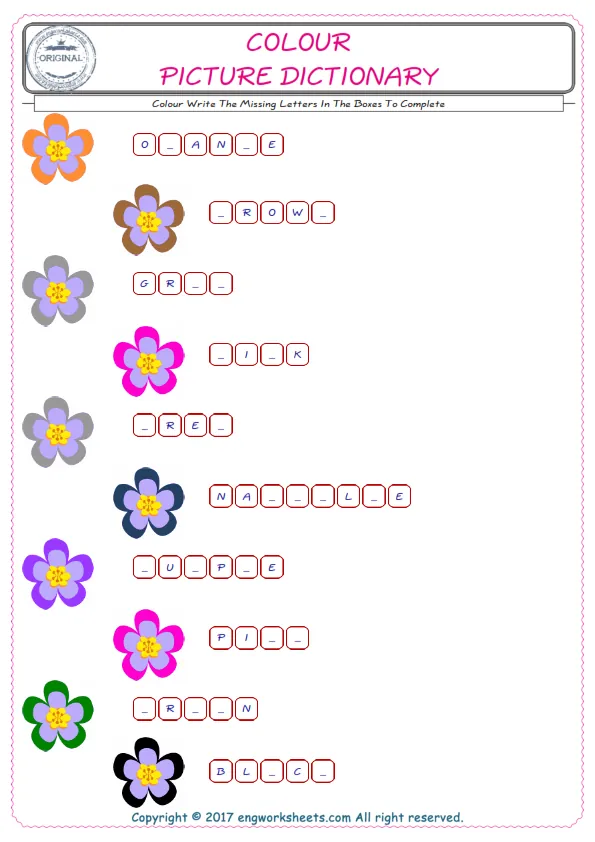 Type in the blank and learn the missing letters in the Colour words given for kids English worksheet. Worksheet Preview