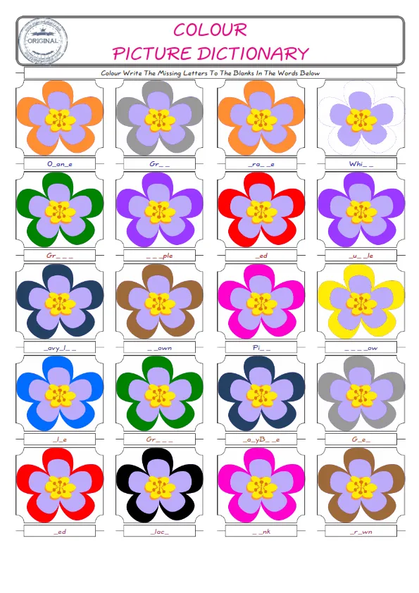 Colour Words English worksheets For kids, the ESL Worksheet for finding and typing the missing letters of Colour Words Worksheet Preview