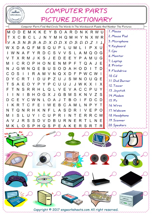 ESL wordsearch worksheets for kids, find Computer Parts words in the word wordsearch write its number on its picture English worksheet. Worksheet Preview