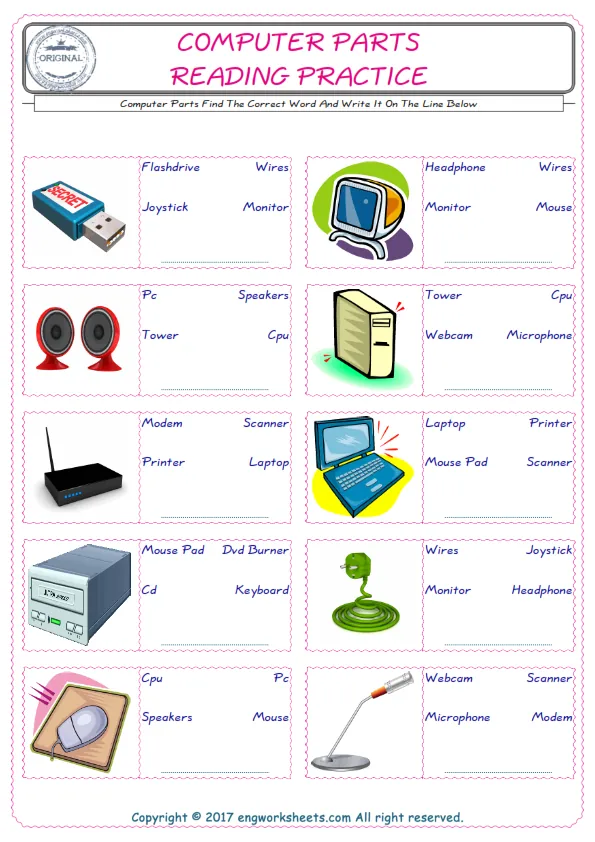 Check the picture of the Computer Parts for kids ESL worksheet for supplying the correct one among three words into the blank place. Worksheet Preview