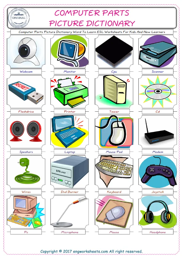 Computer Parts English Worksheet for Kids ESL Printable Picture Dictionary Worksheet Preview