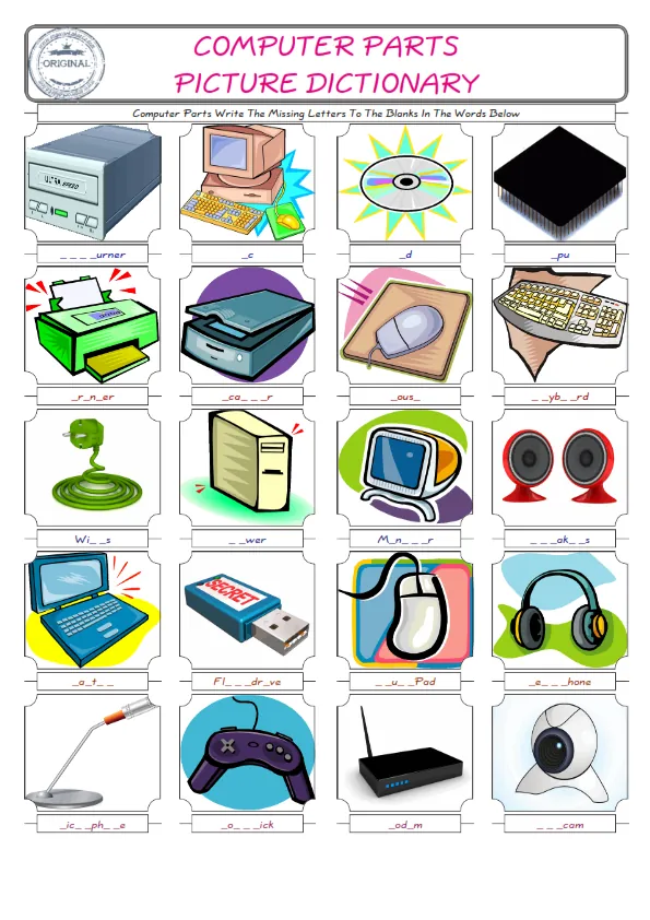 Computer Parts Words English worksheets For kids, the ESL Worksheet for finding and typing the missing letters of Computer Parts Words Worksheet Preview