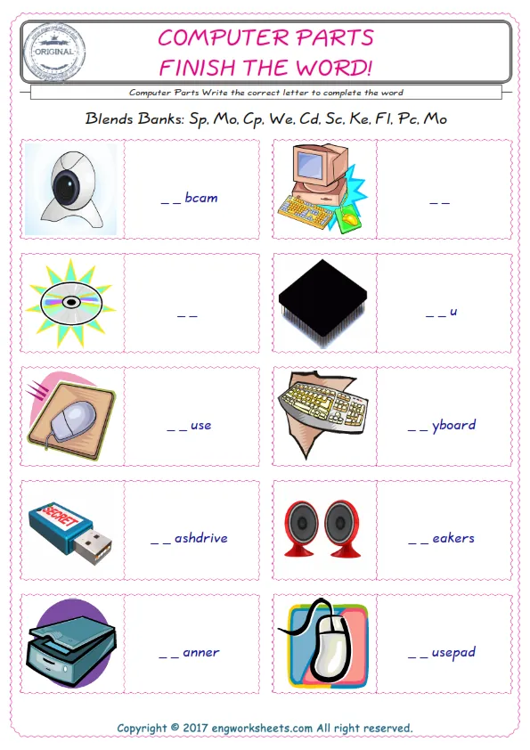 For kids, the Computer Parts English worksheet for supplying into the correct blank place given letters special to the Computer Parts Words. Worksheet Preview