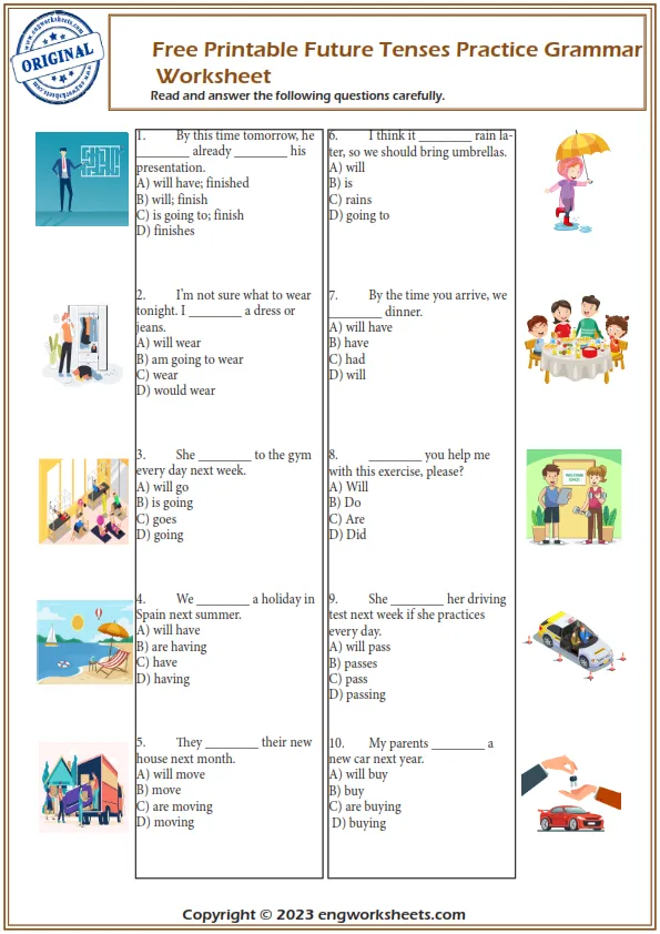 Free Printable Future Tenses Practice Grammar Worksheet Worksheet Preview